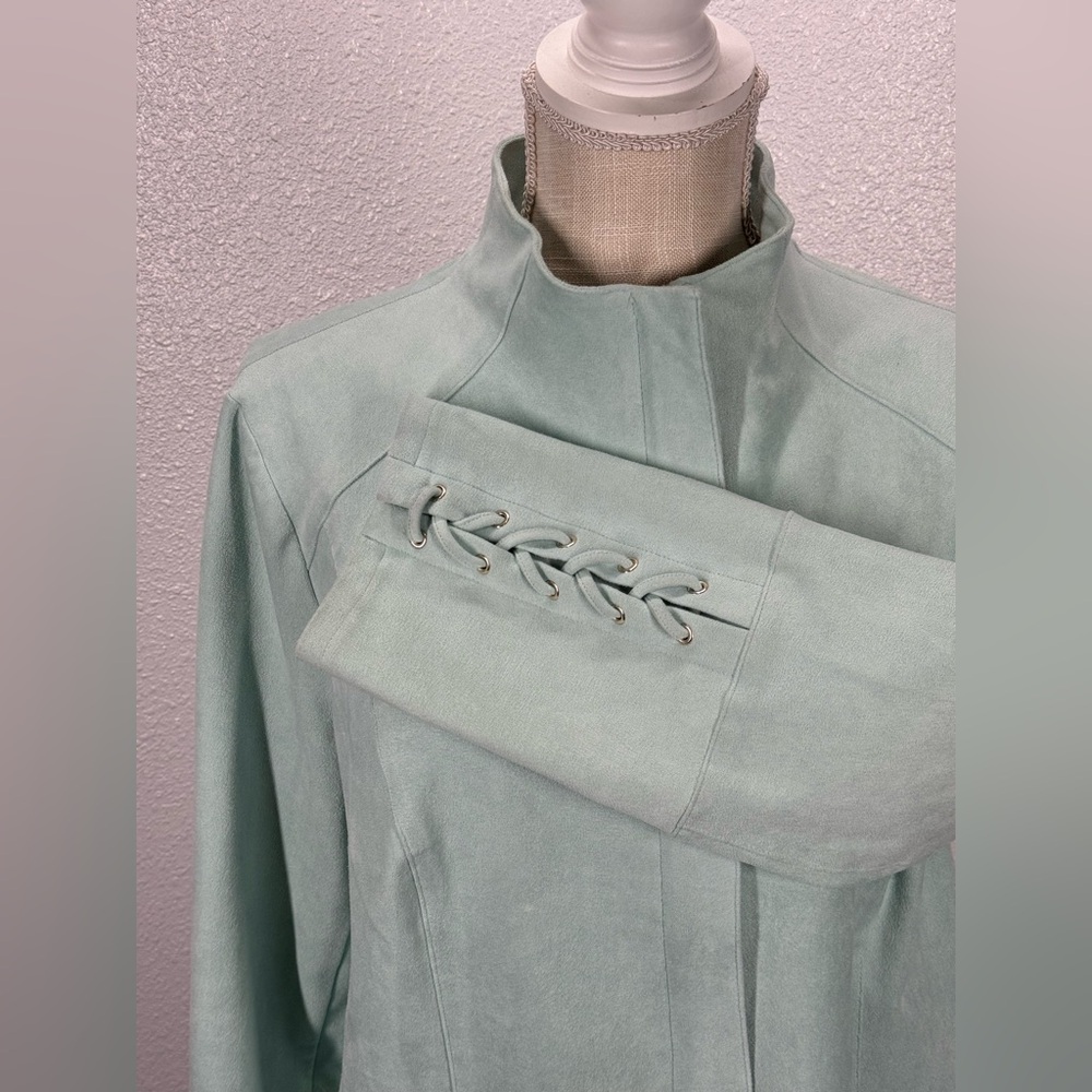 Chicos Micro Faux Suede Hidden Zip Moto Full Zip Blazer Jacket  Seamist Green 12 - Picture 3 of 11